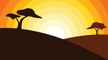 Flat design Landscape with sunset or sunrise view of savanna with layer of hill and tree on each side vector