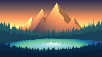 Beautiful Cartoon flat design Landscape with sunset or sunrise view of mountain range and lake with layer of forest trees majestic view vector