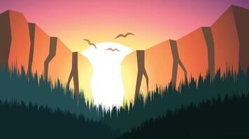 Beautiful Cartoon flat design Landscape with sunset or sunrise view of stone mountain wall with layer of forest trees majestic view vector