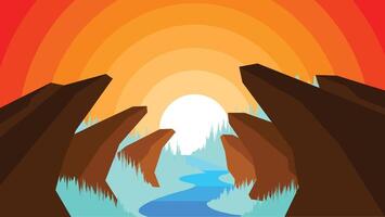 flat design landscape with sunset and warm feel of pointy rock formation with a river in the middle vector