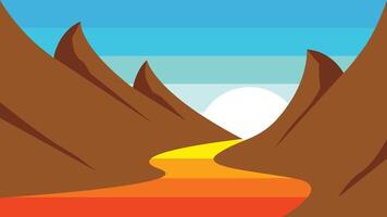 flat design landscape with sunset and warm feel of mountain range with a river in the middle vector