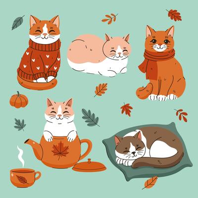 Set of cute cozy autumn cats. graphics.