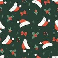 Seamless pattern with red Santa hats, berries and bows. graphics. vector