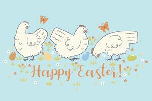 Greeting card with with chickens and flowers and the inscription Happy Easter. graphics. vector