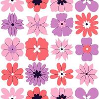 Seamless pattern with pink and red flowers of different shapes on a white background. graphics. vector