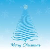 Illustration of a stylized blue Christmas tree consisting of swirls of blue lines on a light blue background with white snowflakes. vector