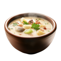 humeante cuenco de clásico nuevo Inglaterra almeja sopa de pescado con Fresco ingredientes png