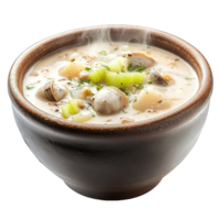 cremoso almeja sopa de pescado en un rústico cuenco png