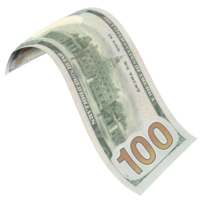 100 dollar bill is flying and has a curved shape, in back view. png