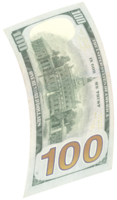 One hundred dollar banknote flying in back view, curved shape. png