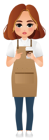 Cute cartoon barista short hair women in apron smiling serving a client at the coffee shop png