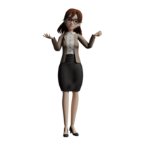 Teacher Character 3D. A female teacher stands with both hands raised with an expression as if she is giving an explanation or presentation. Illustrated female Educator png