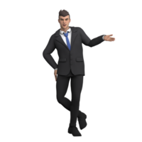 Professional Legal Advisor Character. A male lawyer stands in a position as if leaning back with his legs folded and his left hand open to the side, as if communicating. 3D Male Model png