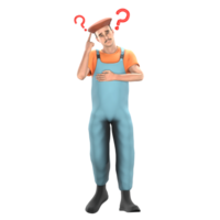 A male painter stands with a confused look, the index finger of his right hand points to his head while his left hand is in front of his chest, above his head there is a red question mark. 3D Art png