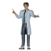 A male doctor stands with his right hand pointing upwards using his index finger while his left hand is stretched forward with the palm facing upwards, as if he is presenting png