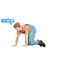 Professional 3D Artistic. A male painter is crawling as if looking for something while above his head there is a red dialog icon with three dots. Male Model png