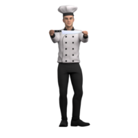 3d masculino cocinero en acción. un masculino cocinero soportes con ambos manos participación un cuchillo demostración ese el herramienta es un importante parte de su habilidades en el cocina. profesional culinario png