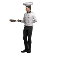 Chef Male Professional. A male chef stands with his right hand holding a frying pan while his left hand is behind. 3D Cartoon png