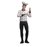 Professional Chef Character in 3D. A male chef stands with his left hand raised showing 3 fingers while his left hand is in front of his chest with the palm facing up png