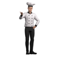 of Male Culinary Professional. A male chef stands with his right hand raised up with the palm facing his face while his left hand is on his waist. 3D Chef png