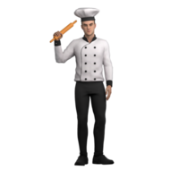 Culinary Chef Professional in 3D. A male chef stands with his right hand lifting the rolling pin up png
