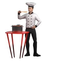 3D Urban Male. A male chef stands while tasting soup cooked on a red table using a wooden spoon png