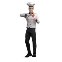 Male Professional Chef - 3D Character. A male chef stands with his left hand holding a fork with a tomato on it while his right hand points to the tomato png
