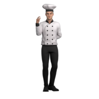 3D Model of Professional Male Chef. A male chef stands with his hand making an OK gesture, indicating satisfaction and perfection of the cooking result that has been made. Cartoon png