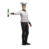 Professional Male in 3D - Chef. A male chef stands showing a knife with a cucumber slice floating above it, showing his precision cutting skills and expertise in the kitchen png