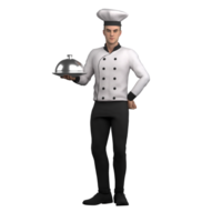 Professional Male Culinary Character. A male chef stands holding a serving tray covered with a cloche with his right hand while his left hand is on his waist. 3D Chef png