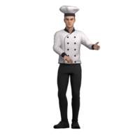 of 3D Male Chef. A male chef stands appearing to be introducing or welcoming something with an open hand gesture. Professional Cartoon png