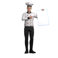 Male Chef Professional Character. A male chef stands holding an empty board in one hand while pointing to the board png