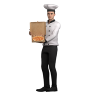3D Professional Male Chef Character. A male chef stands showing an open pizza box with a freshly cooked pizza inside. Culinary png