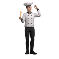 3d Masculin chef. une Masculin chef des stands montrant un d'accord geste avec le sien droite main, comme si indiquant cette le sien cuisine est parfait, tandis que dans le sien la gauche main il détient une en bois cuillère. professionnel culinaire personnage png