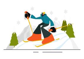 Ski Resort Illustration Featuring Skiers in Action on Snowy Mountain Slopes vector