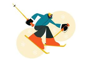 Flat Cartoon Style Skiing Illustration with Skiers Enjoying a Snowy Mountain Adventure vector