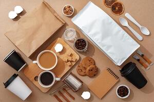 Coffee identity branding mockup set top view flat lay photo