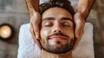 Relaxing facial treatment for a man in a serene spa environment with soft lighting and calming atmosphere photo