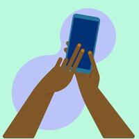 Human hands hold mobile phone with empty blank screen illustration. Arms touch device with fingers. vector