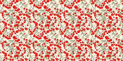 Abstract artistic branches with red berries and leaves intertwined in a colorful seamless pattern. Stylized juniper, boxwood, viburnum, dogwood barberry print. Colorful botanicals illustration. vector