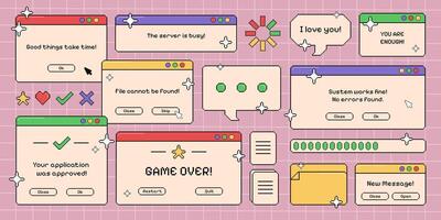 Retro pixel computer screens, set of vintage opened pc windows, user interface with short phrases and items on the grid pattern. illustration. vector
