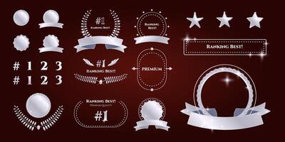 Set of silver award luxury design elements with ribbons, stars, silver frames and numbers, laurel branches and decorations. illustration. vector