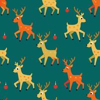 Seamless pattern with Christmas deer and fawn, pine tree branch, berry and leaf. Perfect for textile, wallpaper or print design. vector