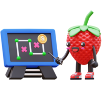 3D Strawberry character pointing at business strategy board with coins and markers suitable for financial planning, investment strategies, and business designs png