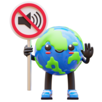 3D Earth character holding no sound sign, promoting noise control and global awareness, suitable for noise control and environment related content png