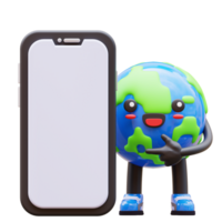 3D Earth character pointing to a blank smartphone screen, great for mobile app mockups, tech solutions, and digital environment related concepts png