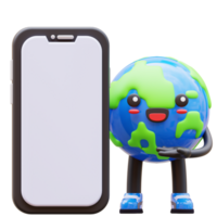 3D Earth character with a blank smartphone, perfect for mobile app mockups, technology presentations, or environmental technology solutions png