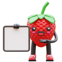 3D Strawberry character holding blank horizontal advertisement board suitable for marketing, advertising, and promotional designs png