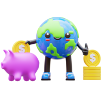 3D Earth character holding a piggy bank and coins, representing global finance and savings, suitable for financial content and savings related designs png