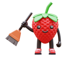 3D Strawberry character holding a broom suitable for cleaning services, maintenance, and household chore related designs png